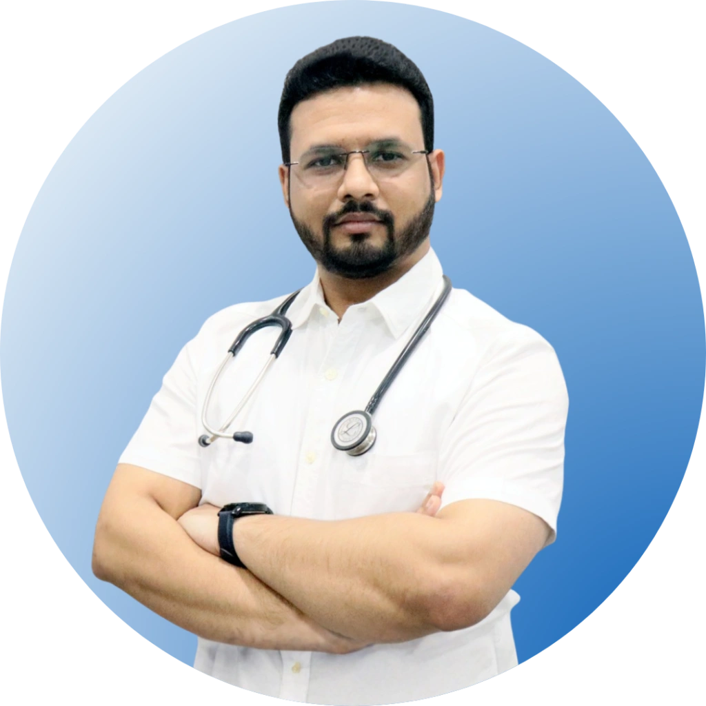 Dr. Zubair Sarkar, neurologist in Kanpur, wearing a white coat and stethoscope in a professional profile portrait.