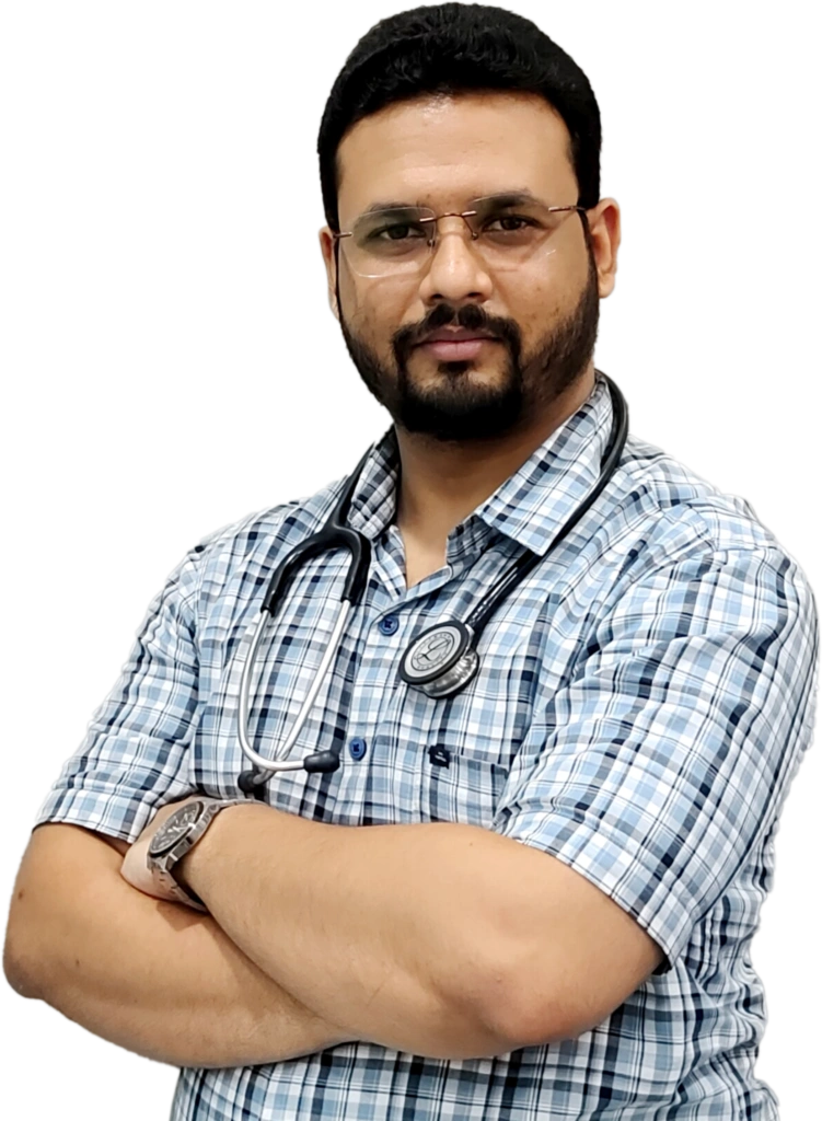Dr. Zubair Sarkar, neurologist in Kanpur, standing with folded arms and wearing a stethoscope in a professional profile portrait.