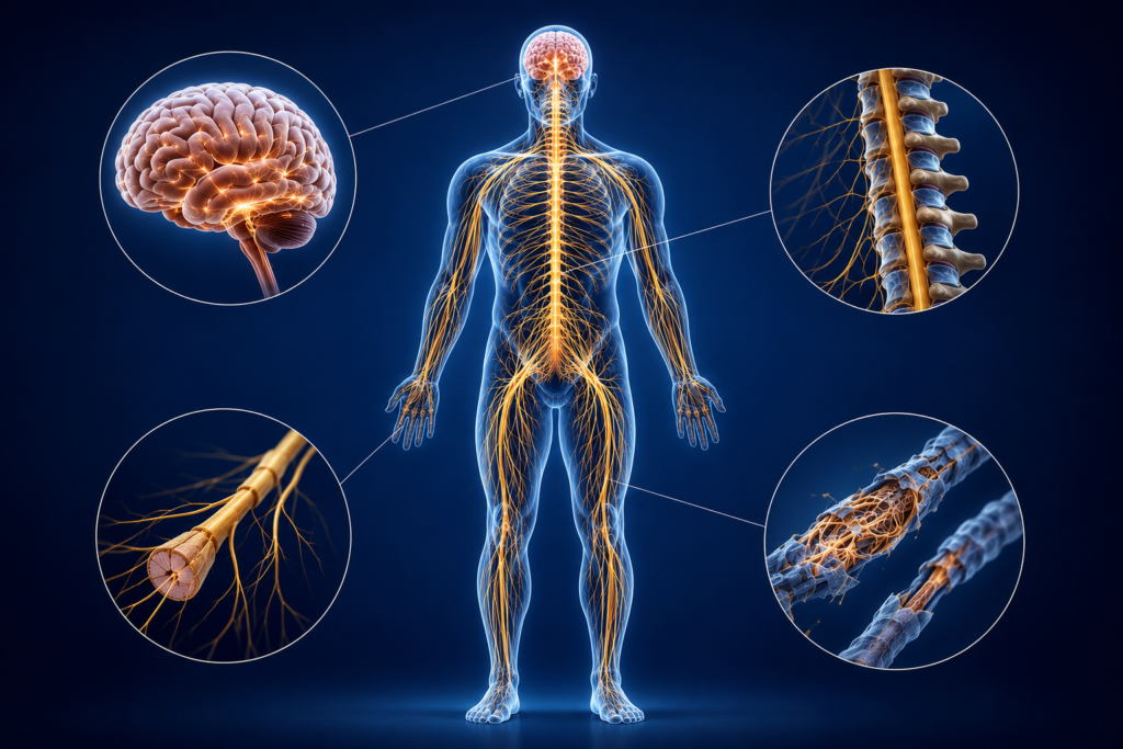 3D medical illustration of the human nervous system highlighting the brain, spinal cord, peripheral nerves, and detailed nerve pathway callouts.