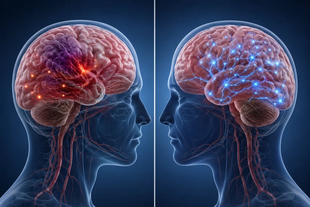 Split 3D illustration comparing a brain affected by stroke with a brain showing restored neural connections during recovery.