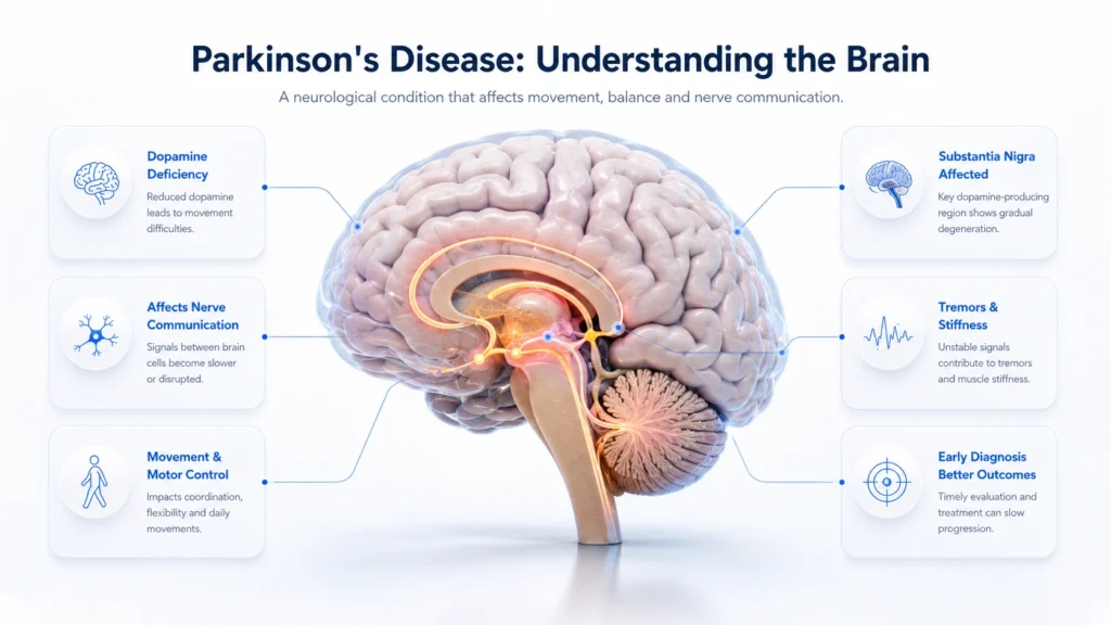 Educational infographic explaining how Parkinson's disease affects the brain, including dopamine deficiency, substantia nigra degeneration, movement changes, and nerve communication.