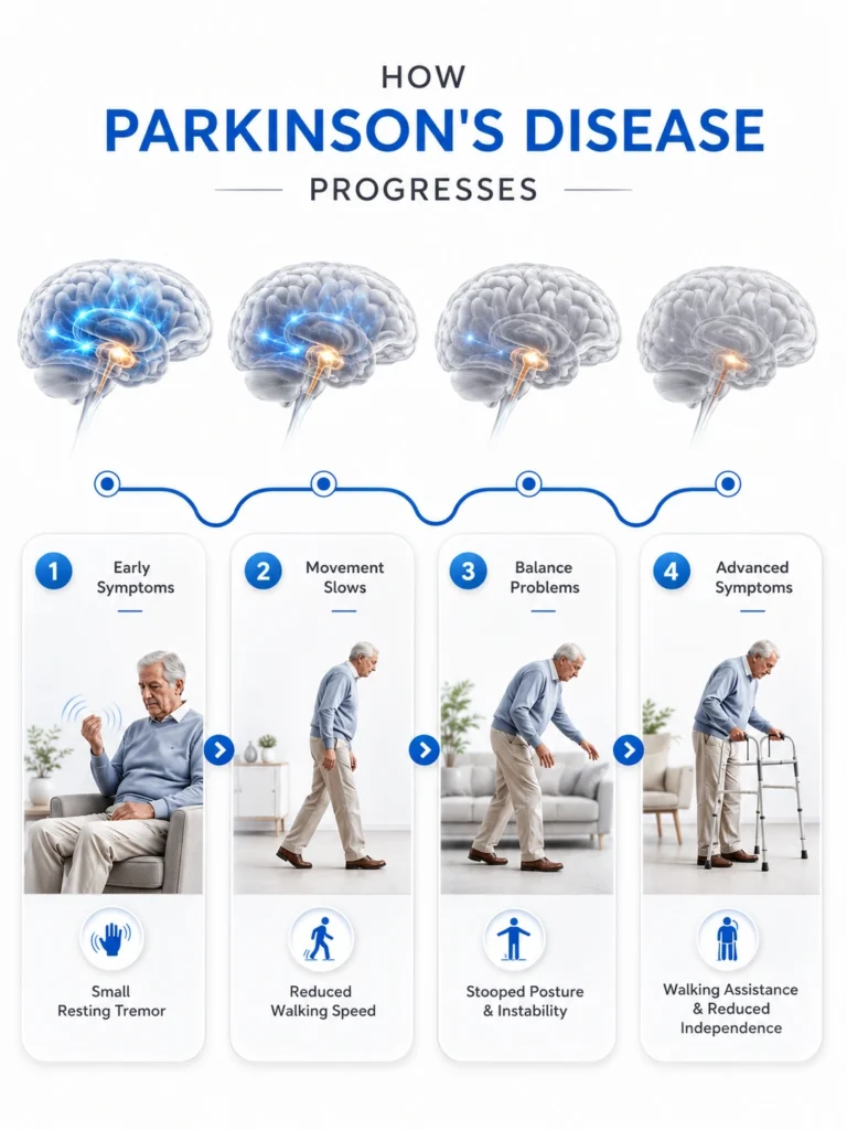 Educational infographic illustrating the stages of Parkinson's disease progression, from early symptoms and slowed movement to balance problems and advanced mobility challenges.