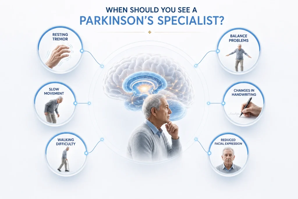 Educational infographic explaining when to see a Parkinson's specialist, including resting tremor, slow movement, walking difficulty, balance problems, handwriting changes, and reduced facial expression.